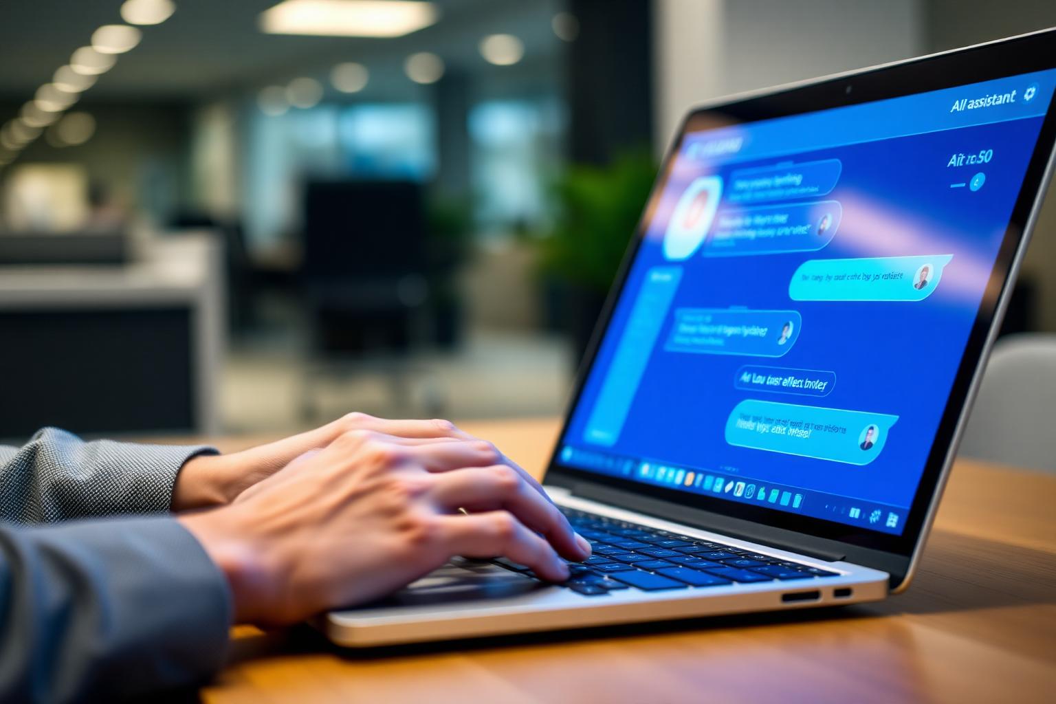 Close-up of a professional using an AI assistant on a laptop