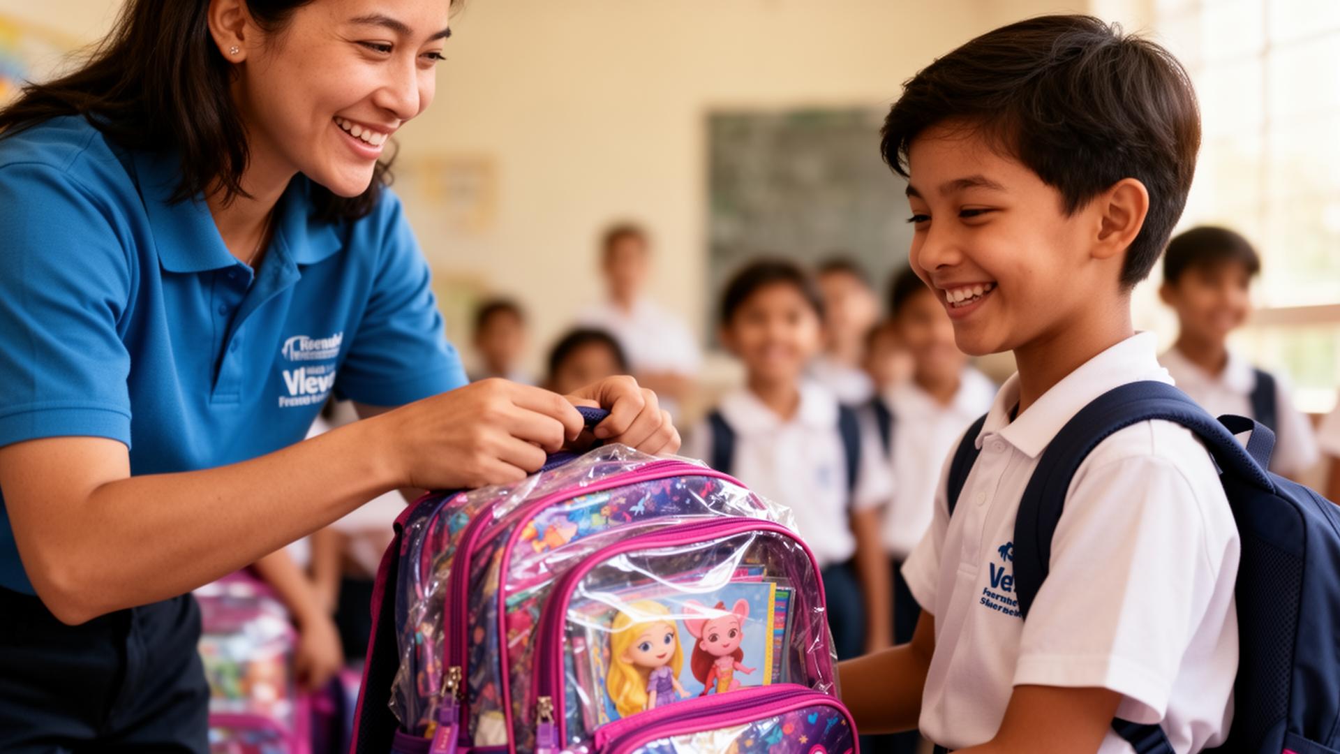 A PMUF volunteer in a blue polo handing a fully stocked, brand-new backpack to a smiling young student at a Back-to-School Drive distribution event, with more children waiting in line behind them.