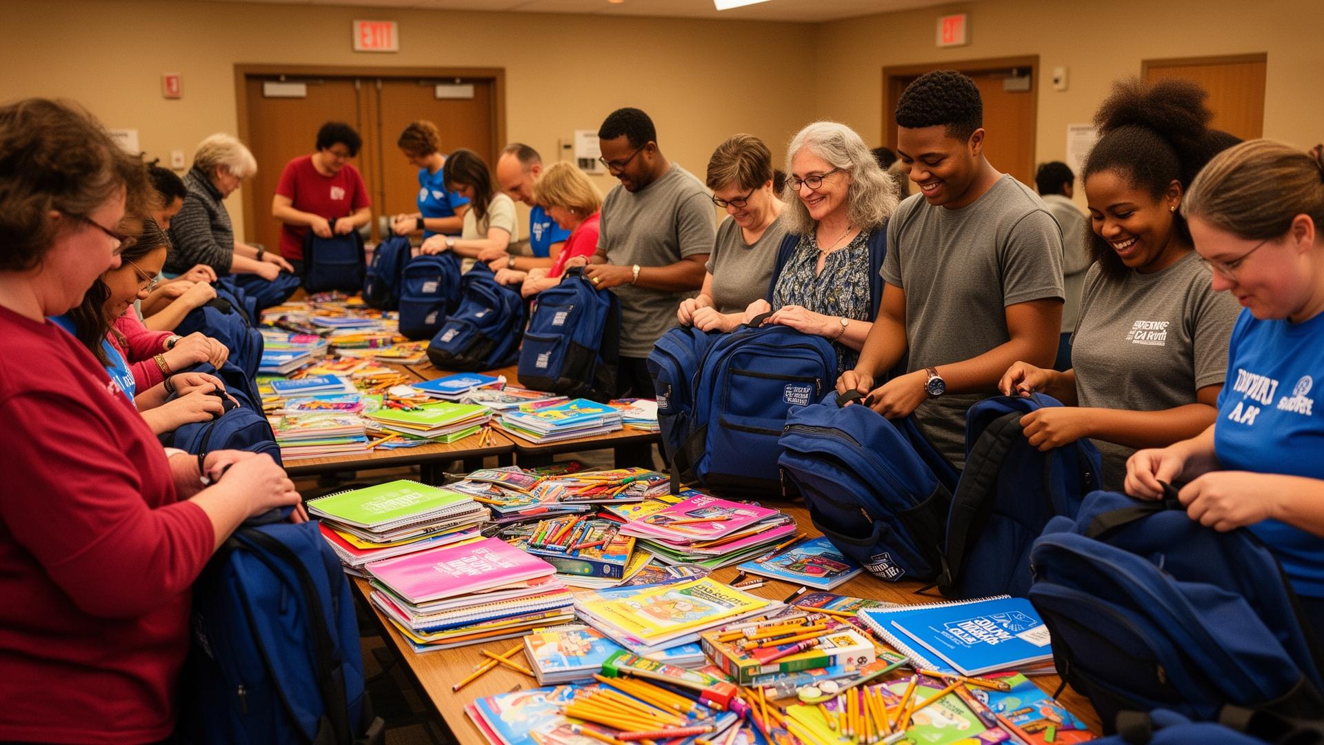 PMUF community volunteers of all ages packing notebooks, pencils, crayons, and folders into navy blue backpacks at long tables during the annual Back-to-School Drive packing day in Blue Bell, Pennsylvania.