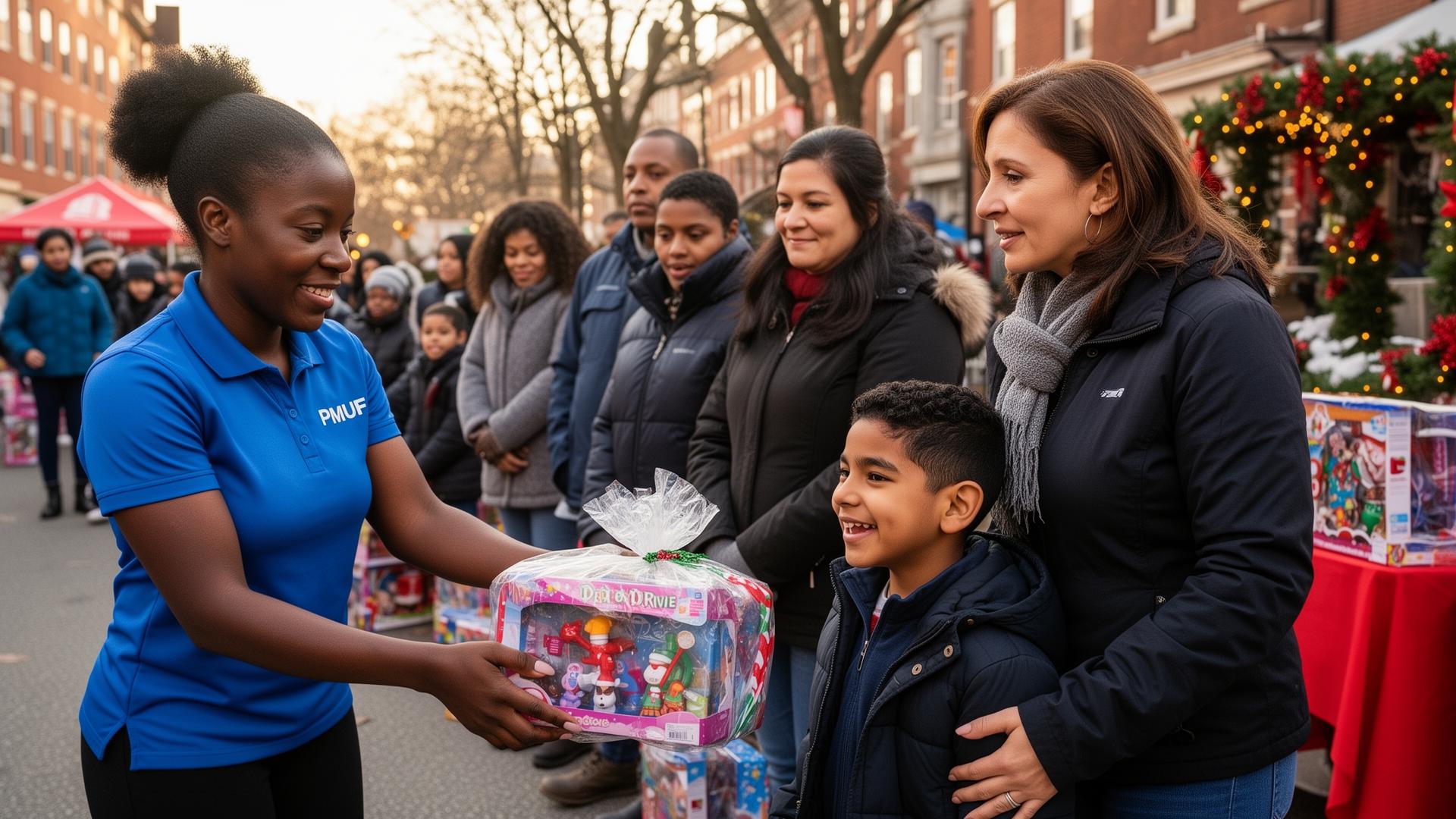 A Black female PMUF volunteer in a blue polo shirt handing a wrapped holiday toy gift to a happy young Latino child with their mother beside them at an outdoor Christmas Toy Drive distribution event in Philadelphia, with other diverse families waiting in line behind them under warm winter daylight.