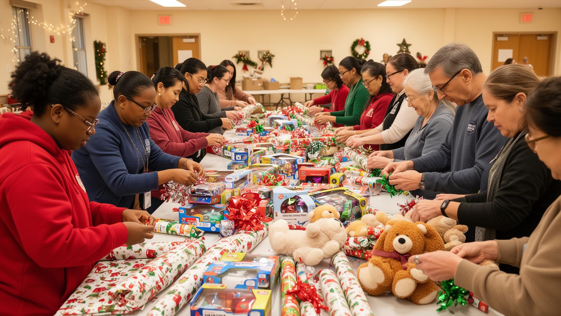 A racially diverse group of community volunteers — Black, Latino, Asian, and white adults of various ages — sorting and wrapping new toys and gifts with holiday wrapping paper and ribbons at long tables in a bright, festively decorated community center during PMUF's Christmas Toy Drive prep day.