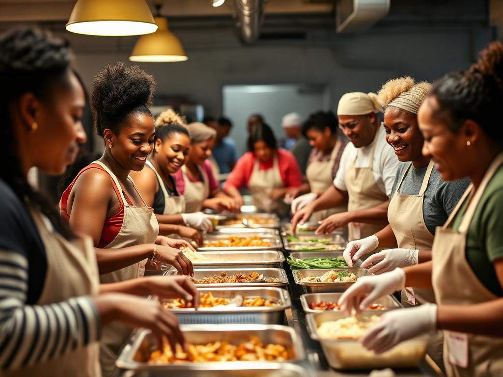 Volunteers serving the community at a local food distribution event