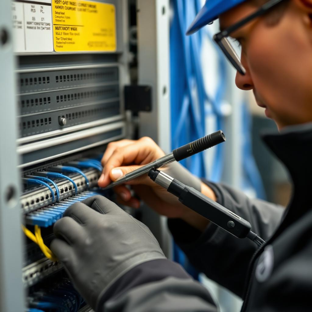 Technician terminating copper network cabling on professional rack equipment