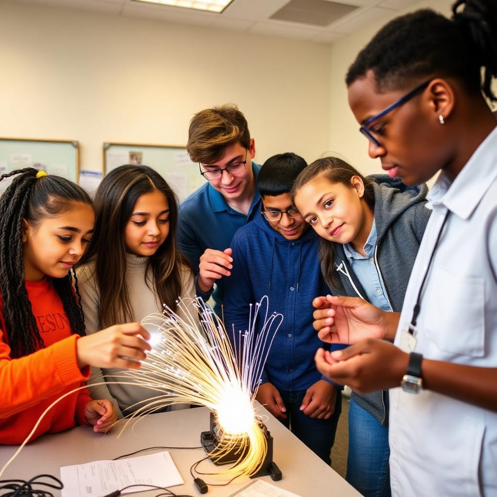 Diverse students examining glowing fiber optic strands during a STEM telecommunications lesson