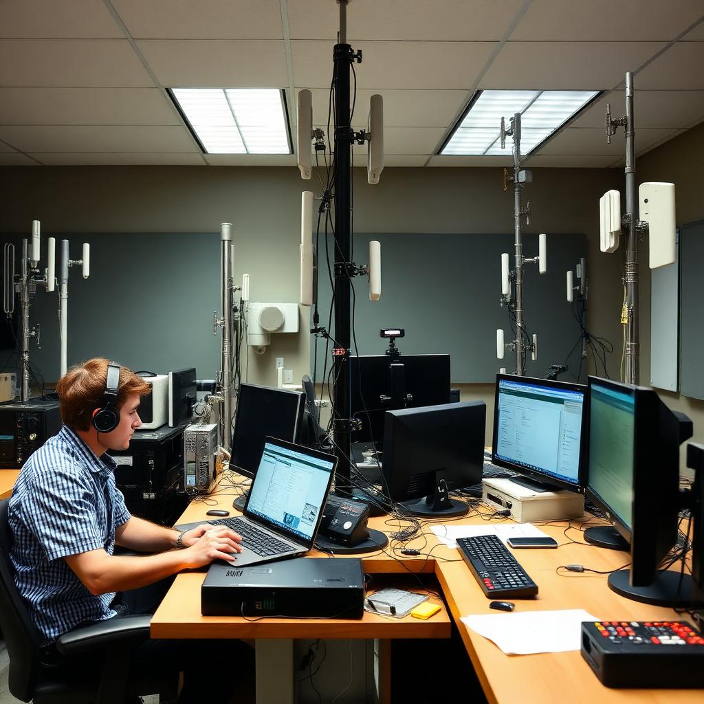 Wireless systems training lab with antenna equipment and workstations