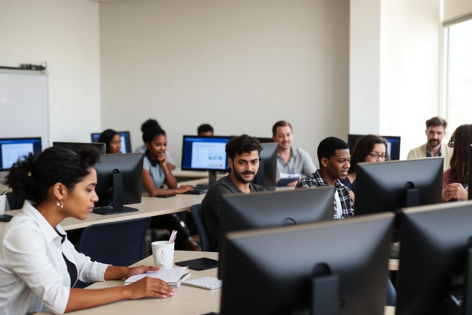 Adults at workstations building resumes in a PMUF training classroom