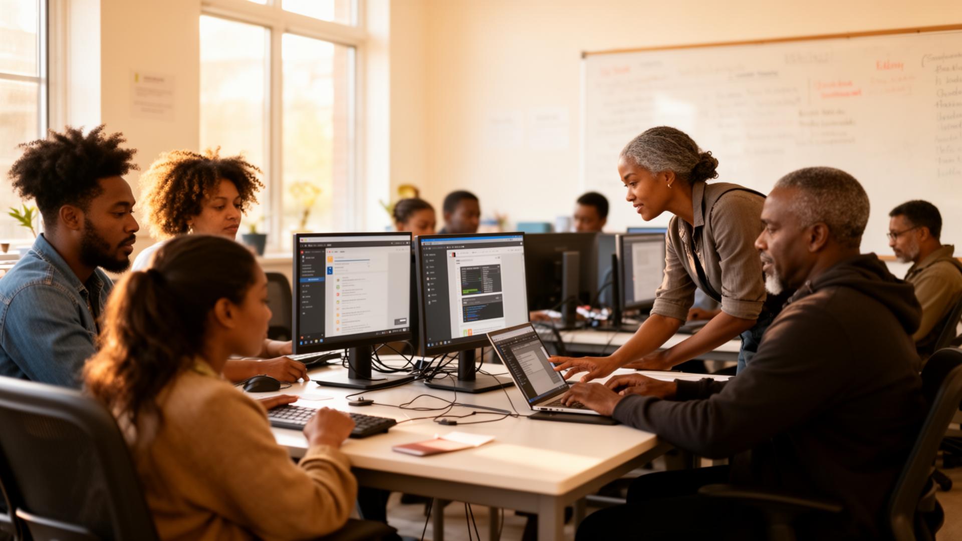 Justice-impacted adults learning computer skills in a PMUF training classroom