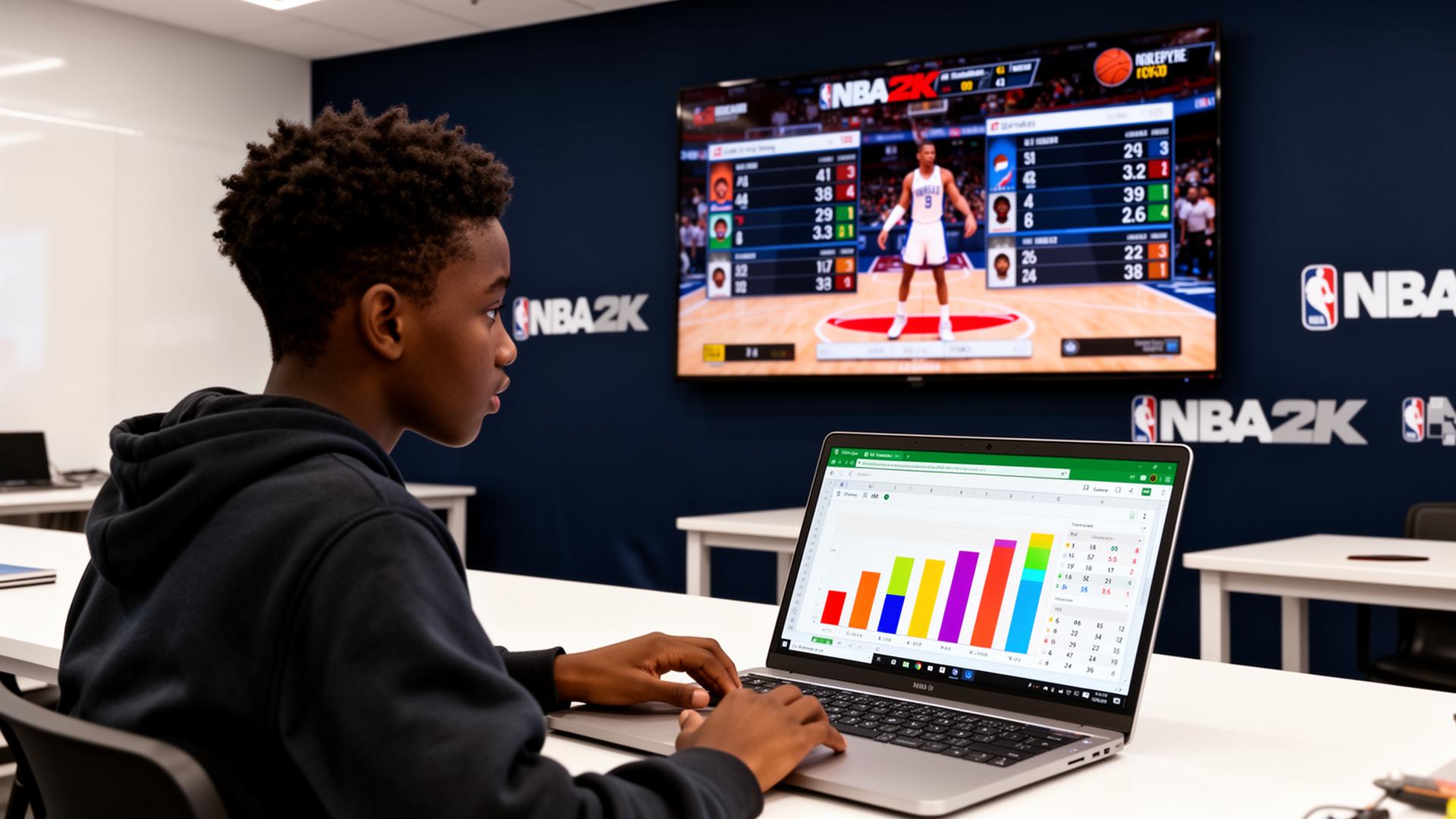 A student analyzing NBA 2K game data in a Microsoft Excel dashboard
