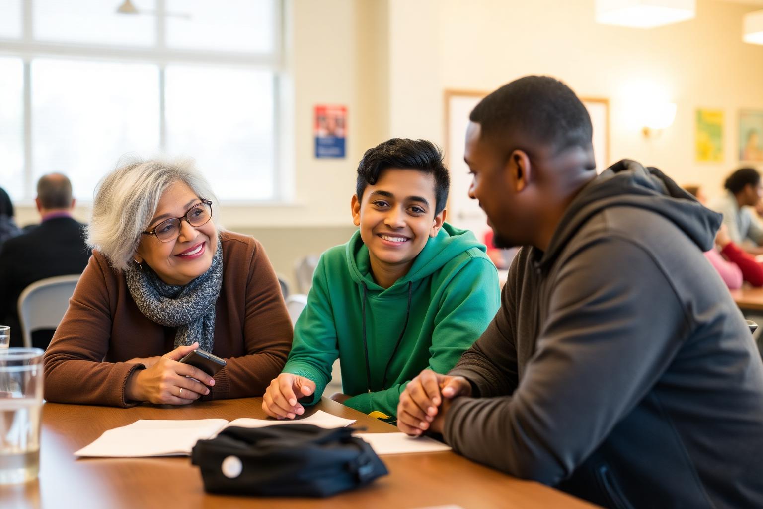 Adult mentor and teenage mentee in conversation at a community center
