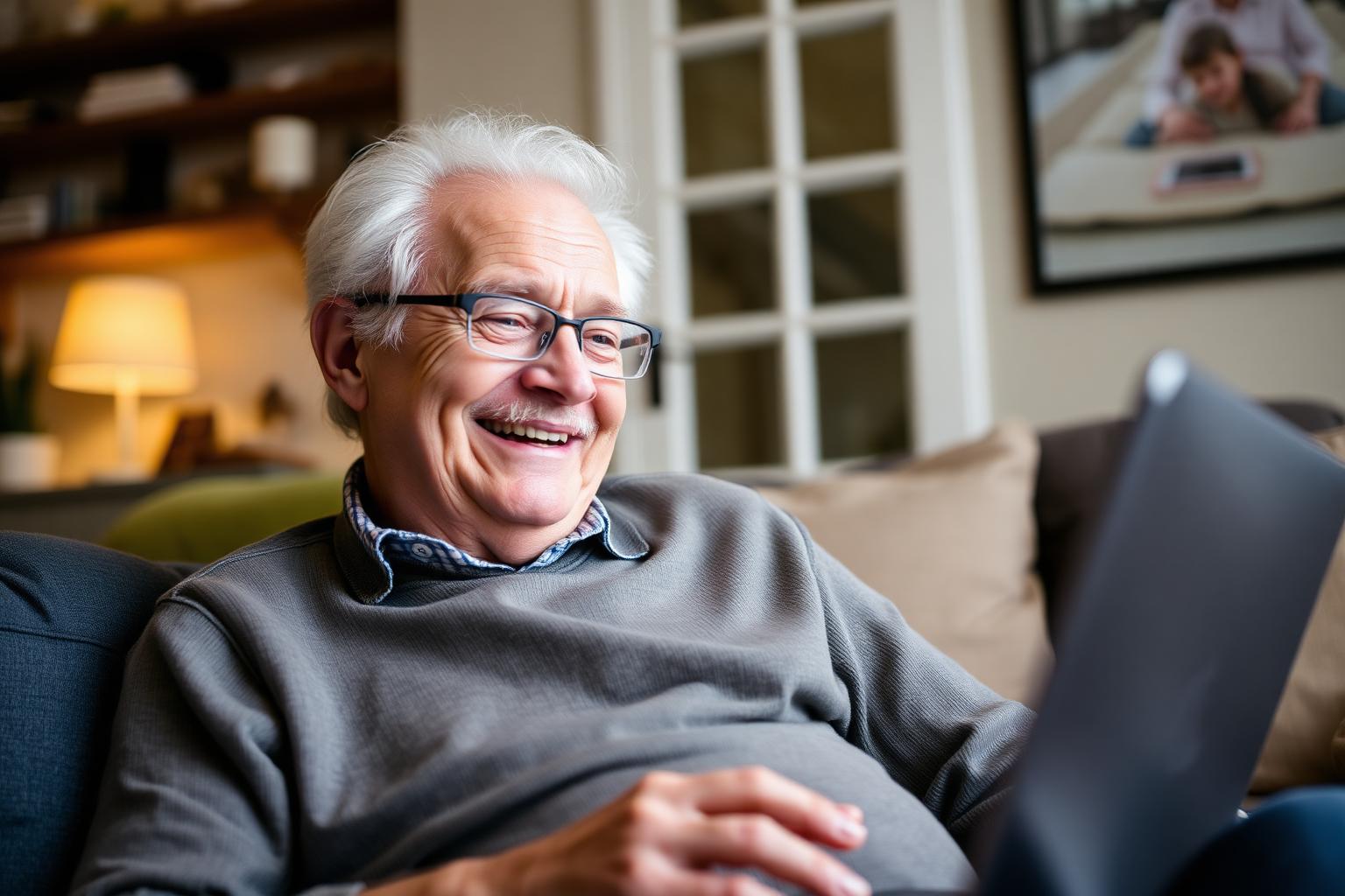 Senior adult smiling while video calling family on a laptop
