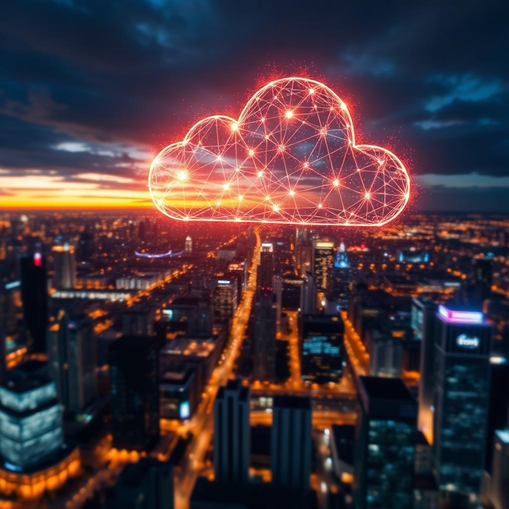 Cloud and SaaS connectivity over a city skyline at night