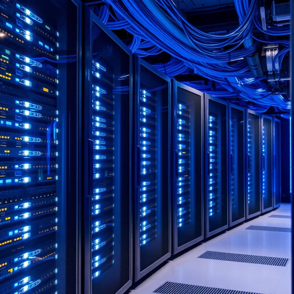 Modern data center with glowing server racks and network cabling