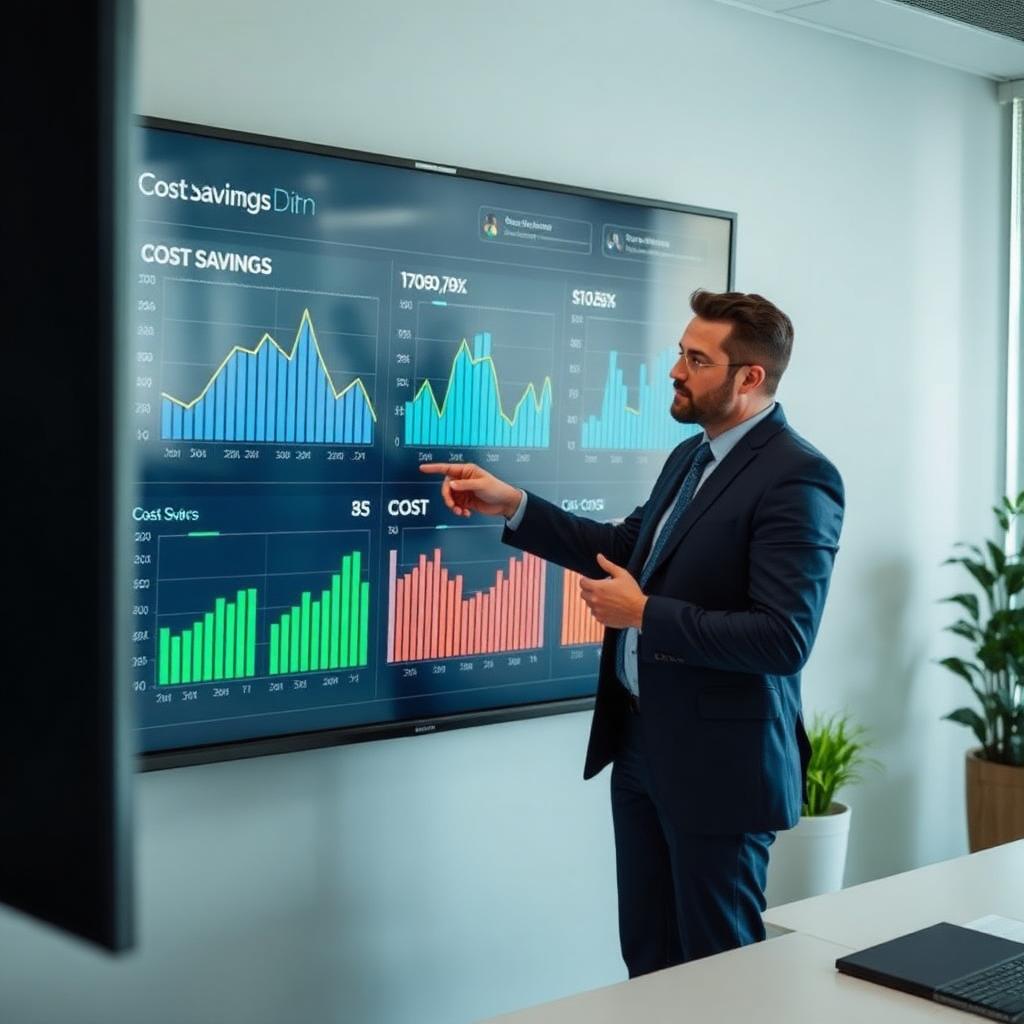 Consultant reviewing cost-savings dashboard with trend charts