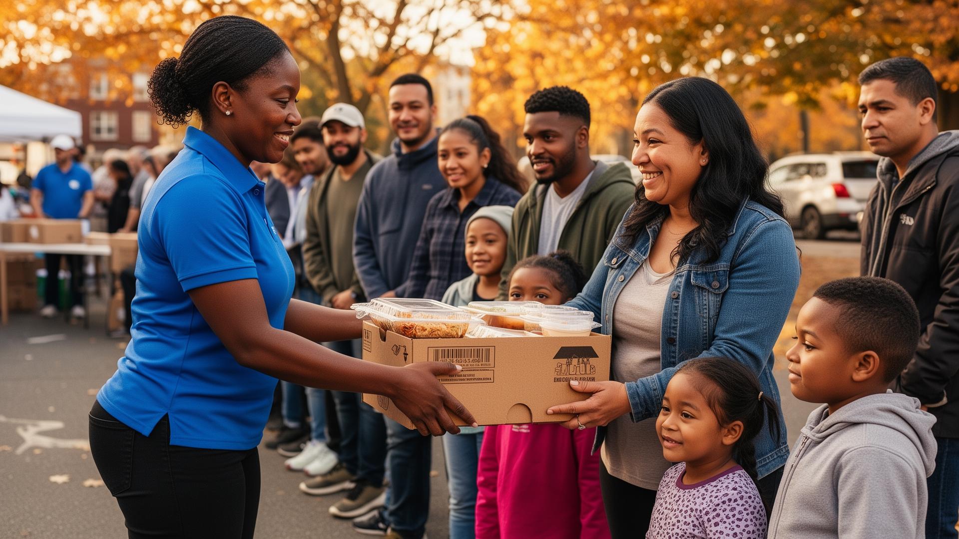 A Black female PMUF volunteer in a blue polo handing a complete Thanksgiving meal box to a grateful Latina mother with two young children at an outdoor community distribution event in Philadelphia, with other Black, Latino, and Asian families waiting in line behind them under warm autumn light.