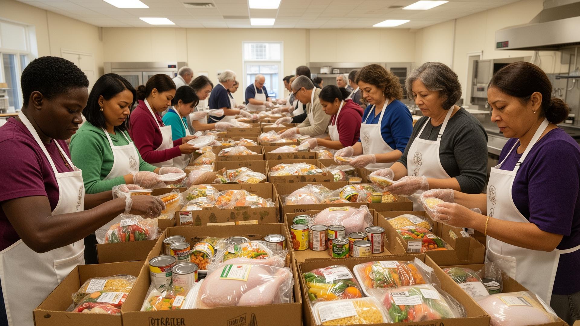 A racially diverse group of community volunteers — Black, Latina, Asian, and white adults of mixed ages in aprons and gloves — packing complete Thanksgiving meal boxes with turkey, canned vegetables, and side dishes at long tables in a bright community center kitchen during PMUF's annual meal prep day.